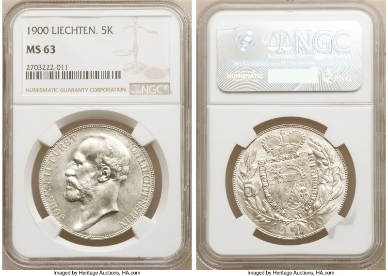 Johann II 5 Kronen 1900 MS63 NGC, Vienna mint, KM-Y4, Dav-216. Mintage: 5,000. F...