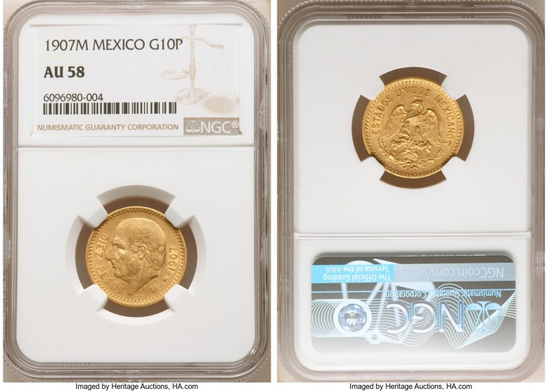 Estados Unidos gold 10 Pesos 1907-M AU58 NGC, Mexico City mint, KM473. AGW 0.241...