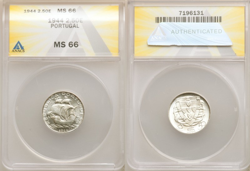 Republic 5-Piece Lot of Certified 2-1/2 Escudos 1944 MS66 ANACS, KM580. Sold as ...