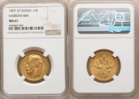 Nicholas II gold "Narrow Rim" 15 Roubles 1897-AΓ MS61 NGC, St. Petersburg mint, KM-Y65.2. Narrow rim variety. 

HID09801242017

© 2020 Heritage Au...