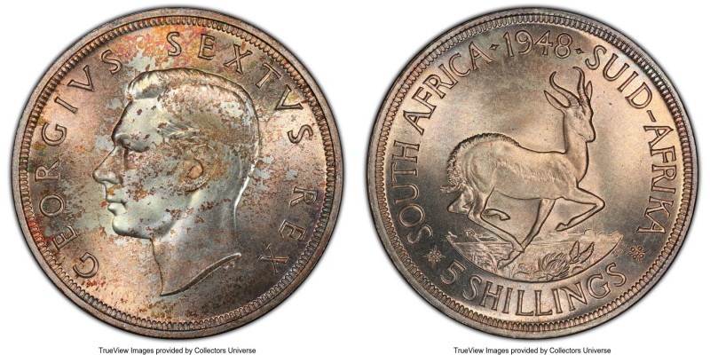 George VI Prooflike 5 Shillings 1948 PL67 PCGS, South African mint, KM40.1. Peac...