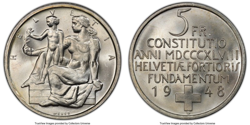 Confederation 5 Francs 1948-B MS66 PCGS, Bern mint, KM48. Commemorates the cente...