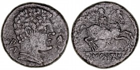Monedas de la Hispania Antigua
Conterbia Carbica, Fosos de Bayona (Cuenca)
As. AE. (Entre 120-80 a.C.). A/Cabeza masculina a der., delante delfín y ...