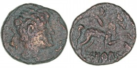 Monedas de la Hispania Antigua
Seteiscen, Sastago (Zaragoza)
As. AE. (Entre 120-20 a.C.). A/Cabeza masculina rodeada de delfines. R/Jinete con palma...