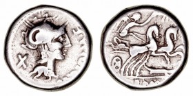 República Romana
Cipia
Denario. AR. (115-114 a.C.). A/Cabeza de Roma a der., detrás X y delante ley. R/Victoria en biga a der., debajo timón y en ex...