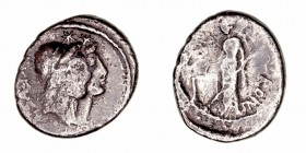 República Romana
Cordia
Denario. AR. (46 a.C.). R/Venus Verticordia a izq. con balanzas y cetro, a sus espaldas Cupido, a der. (MN. CORDI). 3.66g. F...