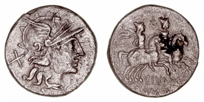 República Romana
Junia
Denario. AR. Roma. (149 a.C.). A/Cabeza de Roma a der.,...