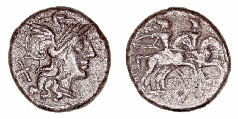 República Romana
Junia
Denario. AR. Roma. (149 a.C.). A/Cabeza de Roma a der.,...