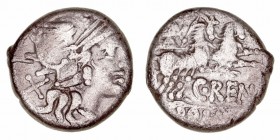 República Romana
Renia
Denario. AR. Roma. (138 a.C.). A/Cabeza de Roma a der., detrás X. R/Juno Capronita en biga de cabras a der., debajo C·RENI y ...