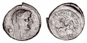 Monedas Pre-Imperiales
Julio César
Denario. AR. Roma. (44 a.C.). A/Cabeza velada a der., delante lituo y detrás praefericulo. R/Jinete conduciendo u...