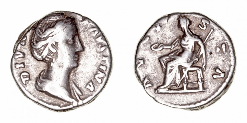 Imperio Romano
Faustina, esposa de A. Pío
Denario. AR. R/AVGVSTA. Vesta sentad...