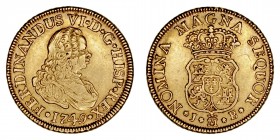 Monarquía Española
Fernando VI
2 Escudos. AV. Madrid JB. 1749. Único año de este valor y ceca. 6.79g. Cal.648. Muy rara. MBC.