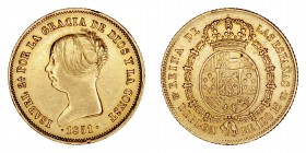 Monarquía Española
Isabel II
Doblón de 100 Reales. AV. Madrid CL. 1851. 7.98g. Cal.758. Golpecitos en canto. Rara. (MBC).