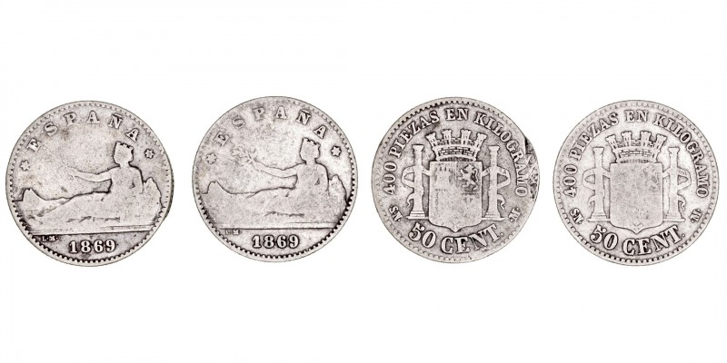 La Peseta
Gobierno Provisional
50 Céntimos. AR. 1869 SNM. Lote de 2 monedas. C...