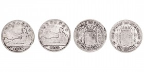 La Peseta
Gobierno Provisional
50 Céntimos. AR. 1869 SNM. Lote de 2 monedas. Cal.13. Solo una estrella visible. (BC- a RC).