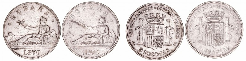 La Peseta
Gobierno Provisional
5 Pesetas. AR. 1870 SNM. Lote de 2 monedas. Cal...