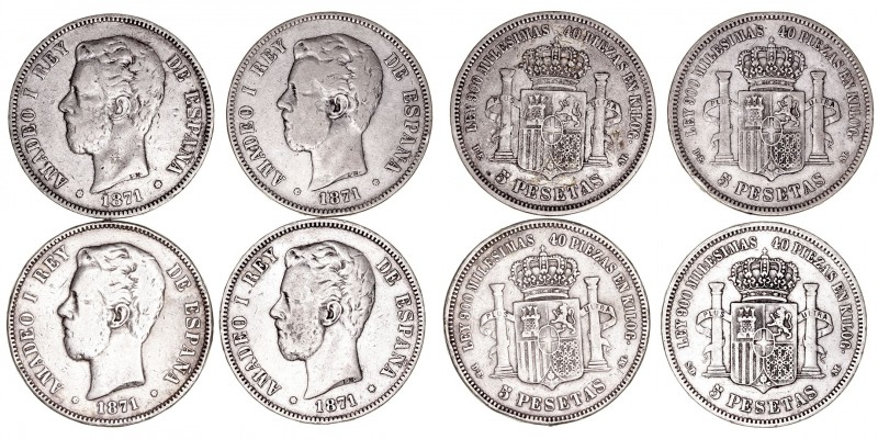 La Peseta
Amadeo I
5 Pesetas. AR. Lote de 4 monedas. 1871 *71, *74 (2) y *75. ...