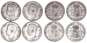 La Peseta
Amadeo I
5 Pesetas. AR. Lote de 4 monedas. 1871 *71, *74 (2) y *75. (BC+ a BC).