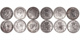 La Peseta
Alfonso XII
5 Pesetas. AR. Lote de 6 monedas. 1875 *75 (2), 1877 *77, 1884 *84 (2) y 1885 *85. (MBC- a BC-).