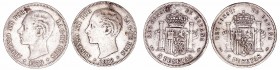 La Peseta
Alfonso XII
5 Pesetas. AR. 1878 EMM. Lote de 2 monedas. Cal.41. Estrellas no visibles. (BC-).