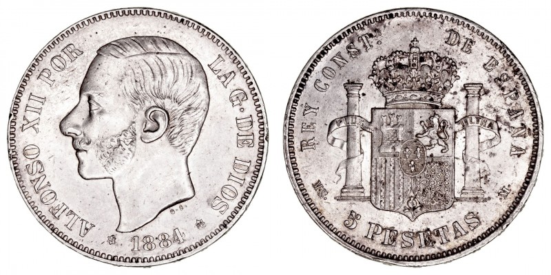 La Peseta
Alfonso XII
5 Pesetas. AR. 1884 *18-84 MSM/DEM. 24.87g. Cal.56. Manc...