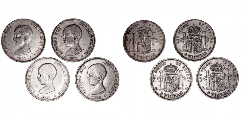 La Peseta
Alfonso XIII
5 Pesetas. AR. Lote de 4 monedas. 1889 *89 (2) y 1891 *...