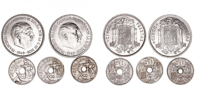 La Peseta
Estado Español
Lote de 5 monedas. CuNi. 50 Céntimos 1949 *51 (2) y 1...