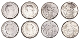 La Peseta
Estado Español
5 Pesetas. Cuproníquel. 1957 *61. Lote de 4 monedas. Cal.101. Brillo original. SC.