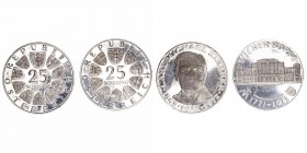 Monedas Extranjeras
Austria
25 Schilling. AR. Lote de 2 monedas. 1971 y 1972. KM.2910 y 2912. Mantienen suave pátina. (PROOF).