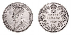 Monedas Extranjeras
Canadá Jorge V
25 Cents. AR. 1927. 5.80g. KM.24a. Rayitas. Muy escasa. (MBC-).