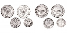 Monedas Extranjeras
Finlandia
Lote de 4 monedas. AR. 25 y 50 Pennia 1891, Markka 1874 S y 1890 L. KM.2.2, 3.2 y 6.2. MBC a MBC-.