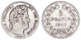 Monedas Extranjeras
Francia Luis Felipe I
5 Francos. AR. 1840 A. 24.66g. KM.749.1. BC+.