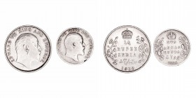Monedas Extranjeras
India Británica Eduardo VII
Lote de 2 monedas. AR. 2 Annas 1906 y 1/4 Rupia 1910. KM.505 y 506. MBC a BC-.