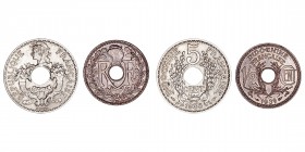 Monedas Extranjeras
Indochina Francesa
Lote de 2 monedas. AE. 5 Céntimos 1938 y 1/2 Cent 1939. KM.18 y 20. EBC+ a EBC.