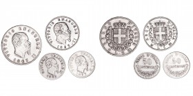 Monedas Extranjeras
Italia Víctor Manuel II
Lote de 4 monedas. AR. 50 Centesimi 1863 M y N, Lira 1863 M y 2 Liras 1863 N. KM.1, 2, 5a y 6a. MBC a BC...