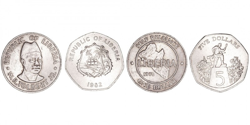 Monedas Extranjeras
Liberia
Lote de 2 monedas. CuNi. Dólar 1976 y 5 Dólares 19...