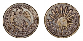Monedas Extranjeras
México
Real. AE. Zacatecas. 1855. Falsa de época. 2.95g. (KM.372.10). (MBC).