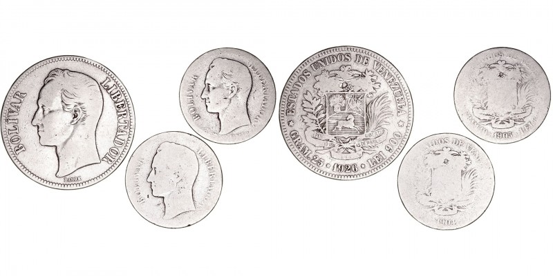 Monedas Extranjeras
Venezuela
Lote de 3 monedas. AR. 2 Bolívares (1904 y 1905)...