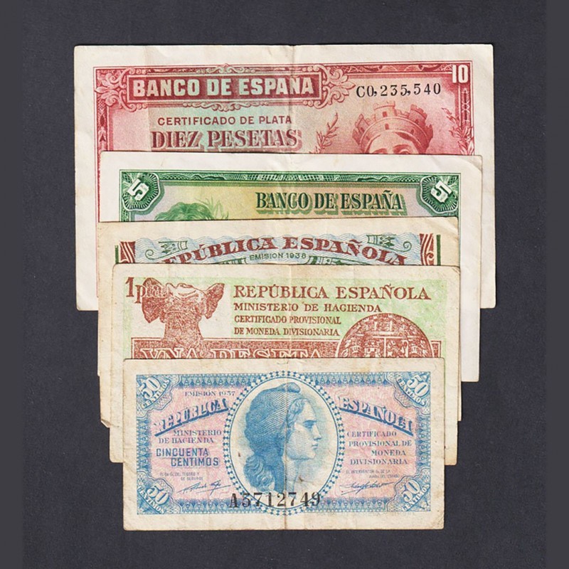 Billetes
Guerra Civil-Zona Republicana, Banco de España
Lote de 5 billetes. 50...