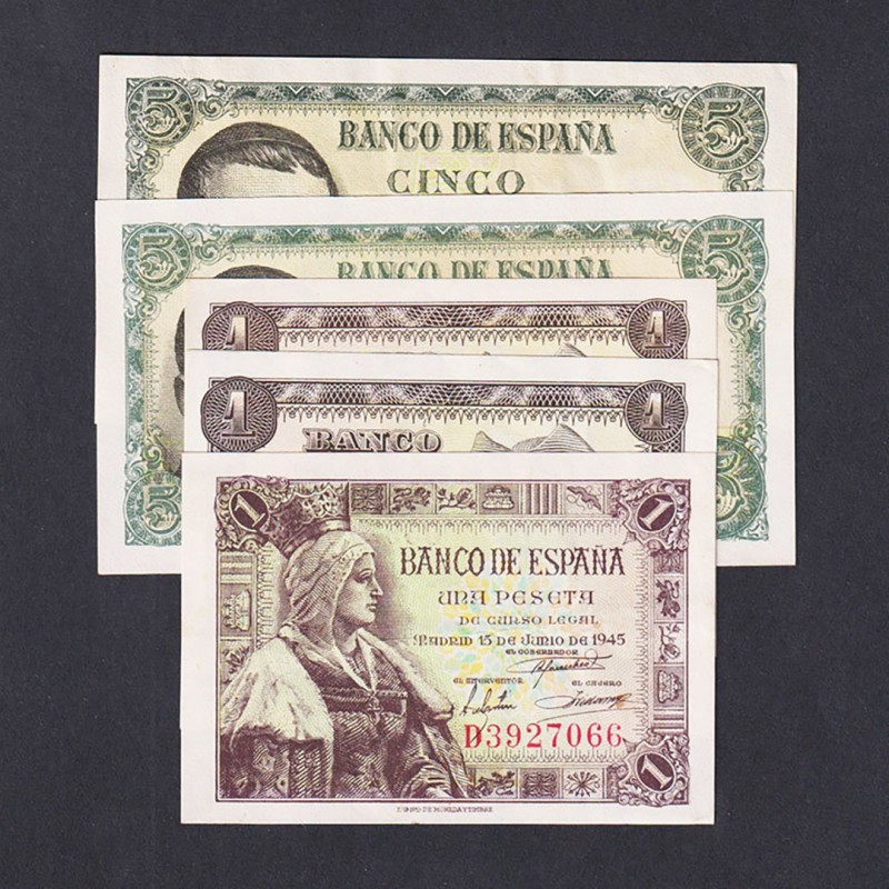 Billetes
Estado Español, Banco de España
Lote de 5 billetes. Peseta 1945, 1951...