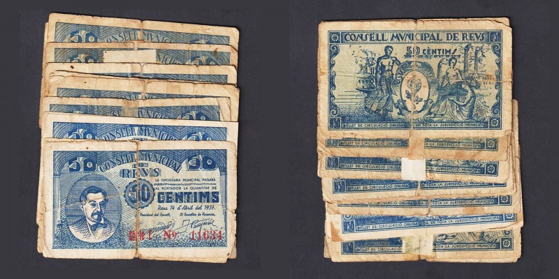 Billetes
Billetes Locales
Reus, C.M. 50 Céntimos. Lote de 12 billetes. Persona...