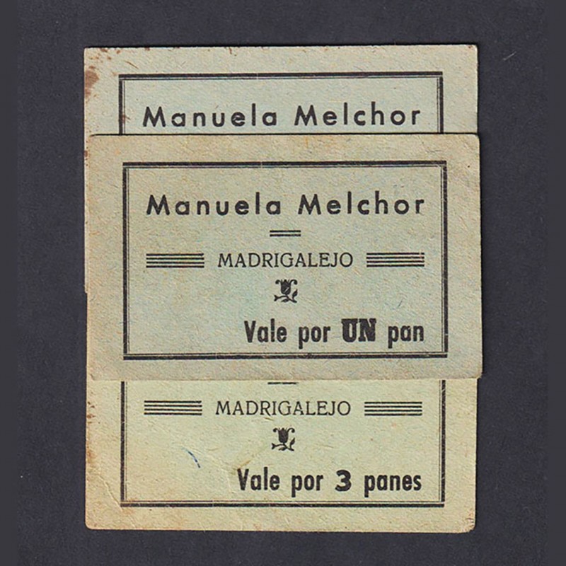 Billetes
Billetes Locales
Madrigalejo. Manuela Melchor. Lote de 3 vales de pan...