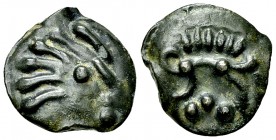 Senones AE Cast Potin 

Celtic Gaul. Senones. AE Cast Potin (17 mm, 3.65 g), 1st Century BC.
Obv. Head with six locks of hair right.
Rev. Boar rig...