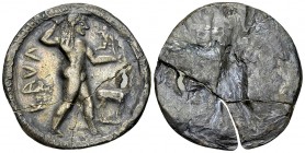 Kaulonia AR Nomos, c. 525-500 BC 

Bruttium, Kaulonia. Circa 525-500 BC. AR Nomos (31 mm, 6.63 g).
Obv. Apollo advancing right, holding branch alof...