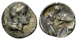 Tarentum AR Diobol, c. 325-280 BC 

Calabria, Tarentum. AR Diobol (12 mm, 1.03 g), c. 325-280 BC.
Obv. Head of Athena to right, wearing crested Ath...