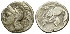 Velia AR Nomos, c. 280 BC, IE Group 

Lucania, Velia. AR Nomos (20 mm, 5.14 g), c. 280 BC. IE Group.
Obv. Helmeted head of Athena to left, helmet d...
