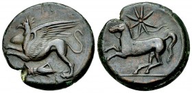 Syracuse AE Unit, c. 365-360 BC 

Sicily, Syracuse. Dionysios II (367-357 BC). AE Unit (22-23 mm, 8.80 g), "Kainon" issue.
Obv. Griffin bounding le...