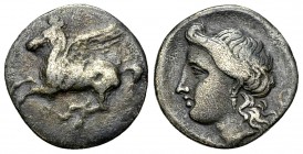 Corinth AR Drachm, c. 350-300 BC 

Corinthia, Corinth. AR Drachm (15 mm, 2.39 g), c. 350-300 BC.
Obv. Pegasos flying left; Koppa below.
Rev. Head ...
