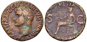 Caligula AE As, Vesta reverse 

Caligula (37-41 AD). AE As (27-28 mm, 9.75 g), Rome, 37/38 AD.
Obv. C CAESAR AVG GERMANICVS PON M TR POT, Bare head...