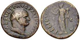 Vespasianus AE Dupondius, Felicitas reverse 

Vespasianus (69-79 AD). AE Dupondius (26 mm, 12.85 g), Rome, 76.
Obv. IMP CAES VESP AVG P M T P COS V...